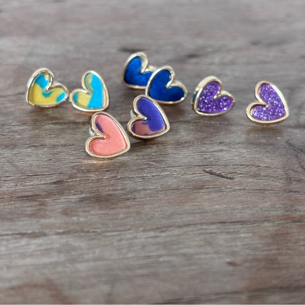 Gold Heart Stud Earring Set in Pink, Purple, Blue & Teal/Yellow